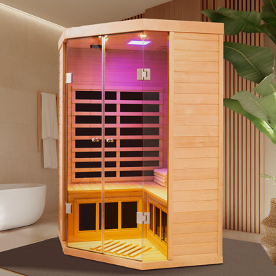 Two Persons Large Glass Front Deluxe Transparent Version Hemlock Far Infrared Corner Sauna Room 