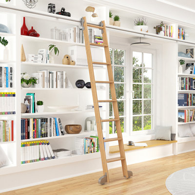 Red Oak 8.06' 7-Step Wood Rolling Contemporary Wheel Ladder