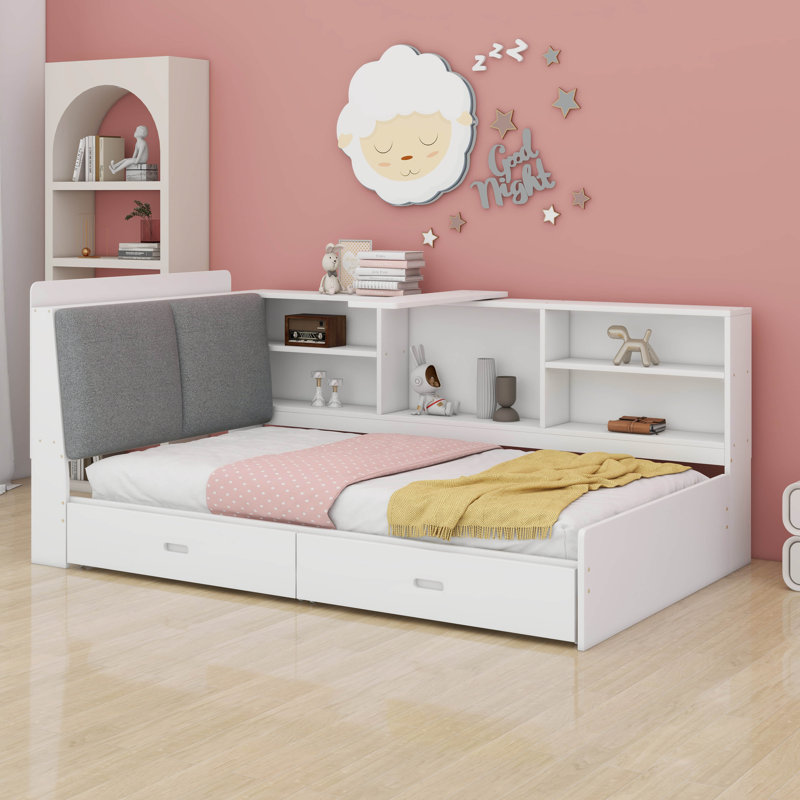 Lit plateforme simple en bois avec tête de lit bibliothèque, tablettes et 2 tiroirs, Blanc