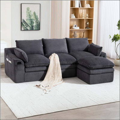 Canapé modulaire en L compressé modulaire en L recouvert de velours côtelé rembourré avec dossier sans repose-pieds, trois coussins et deux coussins lombaires, coussins de siège amovibles