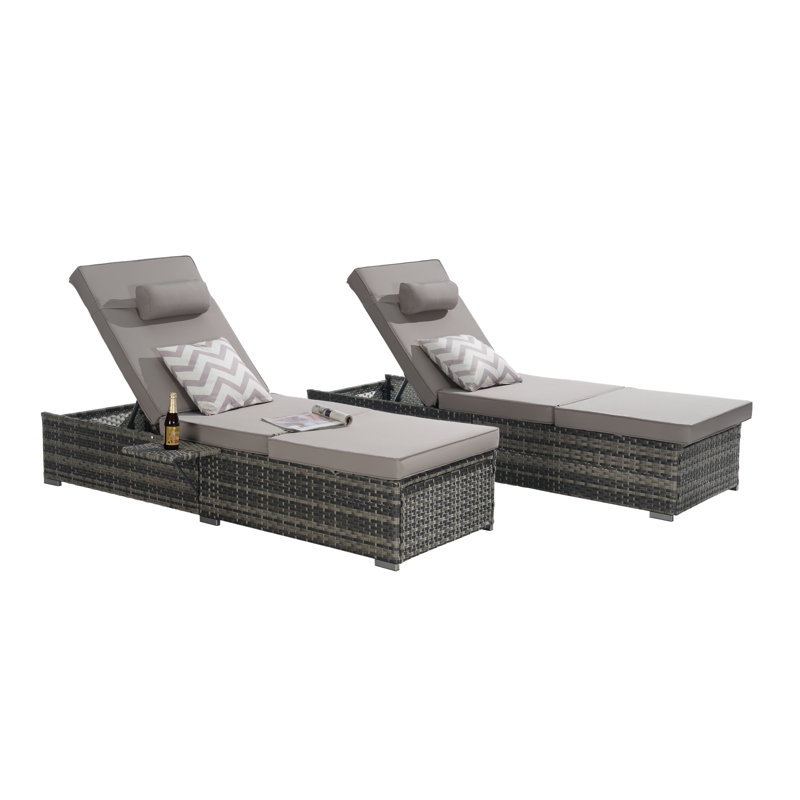 Outdoor Chaise Lounges With Adjustable Backrest And Storage For Outside, Beige Cushion/Gray Frame