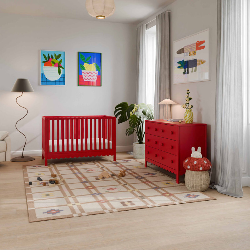 Sammy Scallop Strawberry Red Convertible Pine Wood Crib