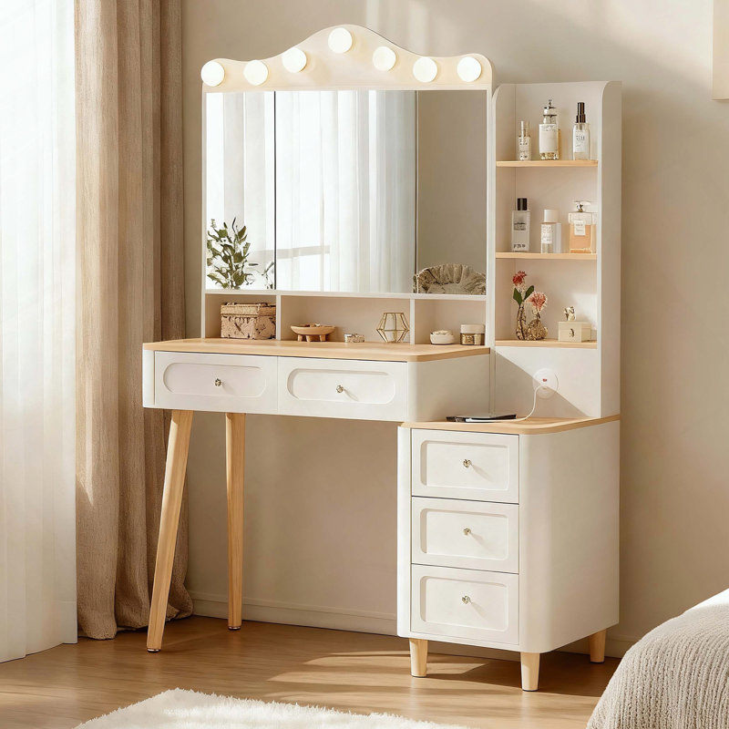 Bureau de coiffeuse avec miroir et lumières, miroir pliable à trois côtés, 2 ports USB et rangement