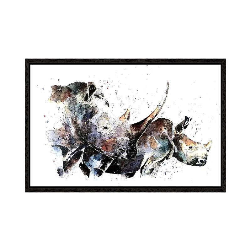 Double Trouble Rhinos - Painting on Canvas, 66.04 cm H x 45.72 cm W, Black Framed