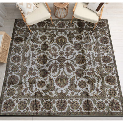 Tapis carré ivoire, vert et noir noué à la main de haute qualité