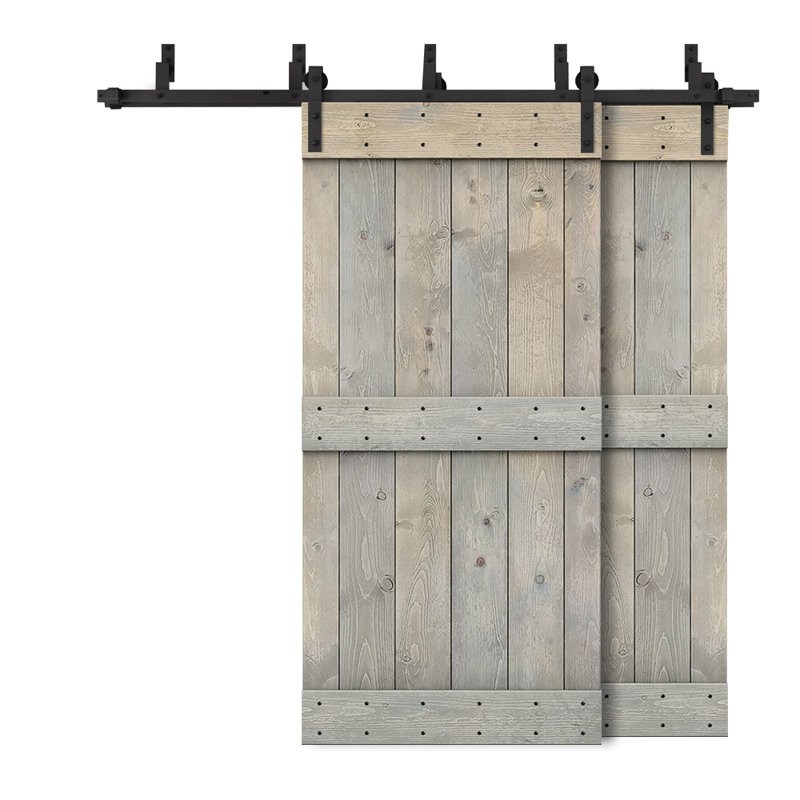 Porte de grange double à panneaux en bois teinté à panneau Mid-Bar, 40 po x 84 po, Gris fumée