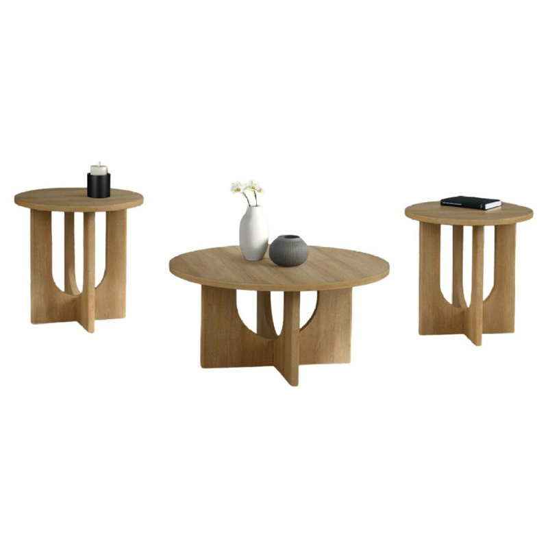 Ensemble de tables de style contemporain 3 pièces Table basse ronde 1X Table de bout ronde 2X, Naturel