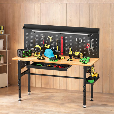 60-Inch Adjustable Height Workbench with Solid Wood Top, Drawers, Power Outlet, LED Light, and 2000-Pound Capacity in Classic Black
