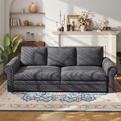 94" Velvet Upholstered Chesterfield Sofa King-Size Pull-Out Sofa Bed, Convertible Sleeper Sofa, Gray