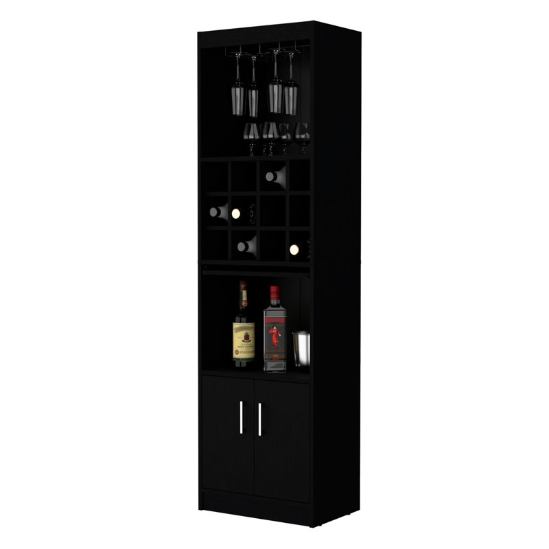 Black Bar Cabinet For Barware - 15 Shelves, Engineered Wood, 2 Doors, 71.1x20x13.3 In Wine Collection 71.1h X 20w 13.3d Inches, Shelves