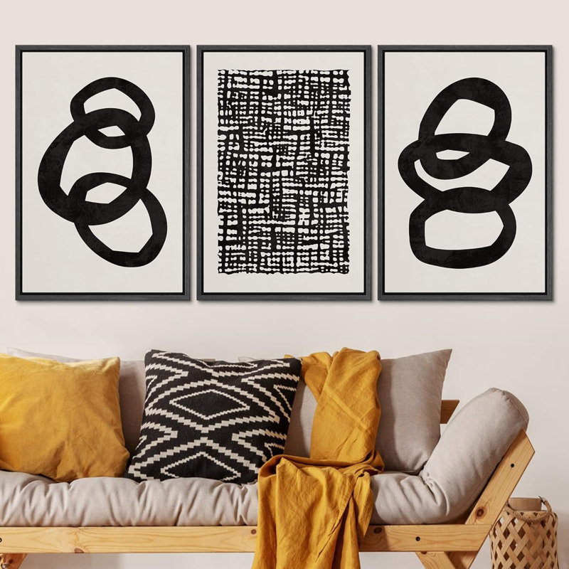 «Black Tan Ring Grid Circle Patterns Abstract Shapes Neutral Modern Art Decor Contemporary», 3 pièces, Noir, noir, noir, noir