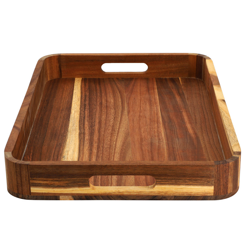  Plateau de service rectangulaire en bois d'acacia 17,75 x 12 pouces