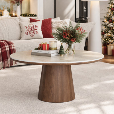 35.4" Round Travertine Stone Top Coffee Table, Sintered Stone Top Coffee Table with Walnut Finish Pedestal Base, Modern Circular Center Table for Living Room