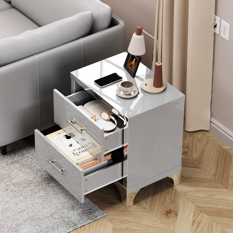 Table de chevet à miroir avec 2 tiroirs, table de bout moderne avec poignée en métal, table de chevet pour chambre à coucher, salon