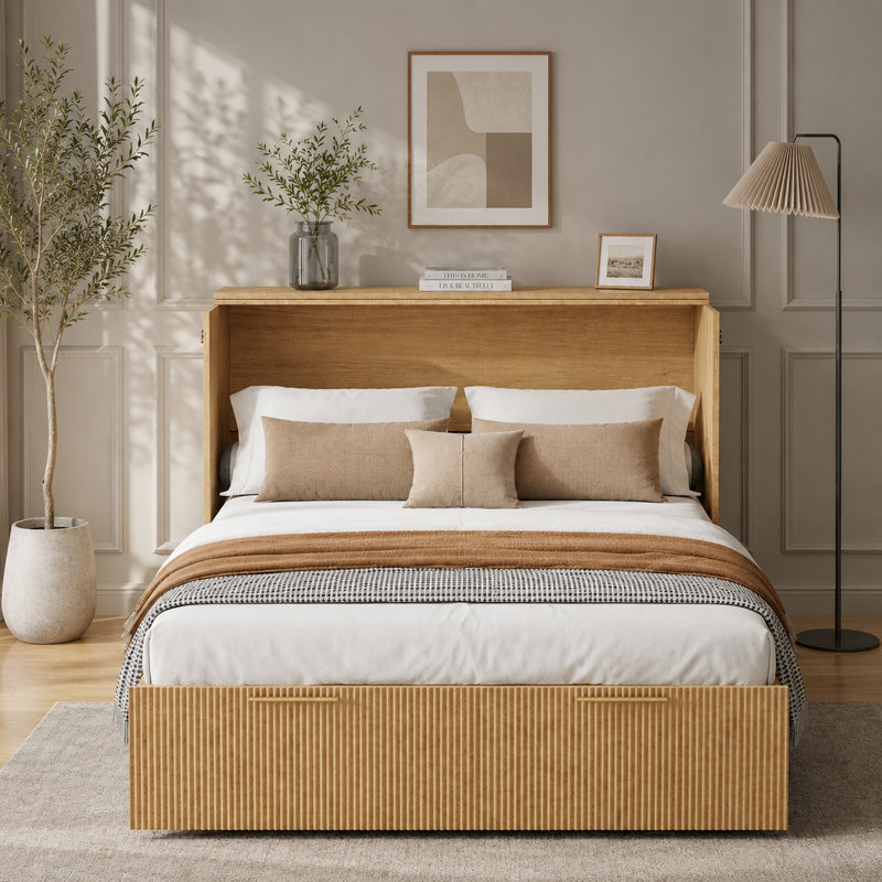 Full Murphy Bed with Large Storage Drawer & Charging Station,  Wood Space-Saving Hidden Folding Beds Chest, Multifunctional Storage Cabinet Bed