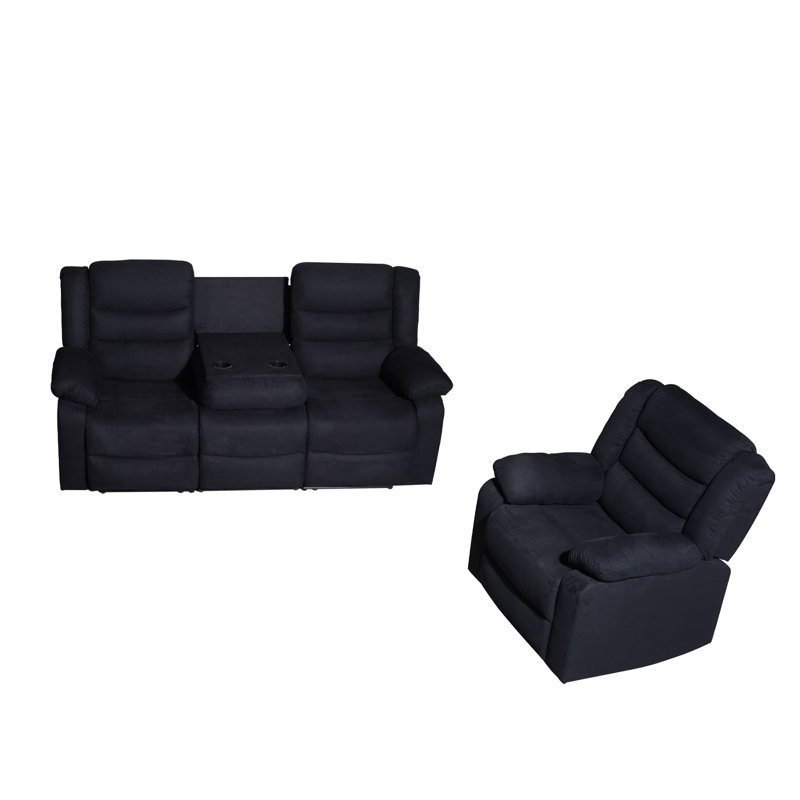Ensemble de salon inclinable moderne en microfibre avec table rabattable et porte-gobelets, Noir