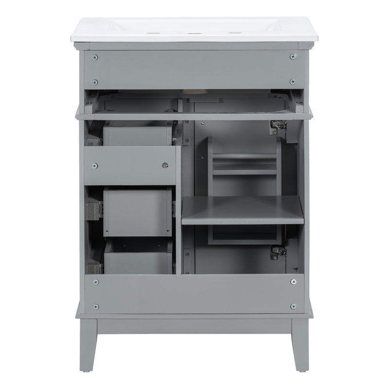 Meuble-lavabo 24 po avec lavabo en céramique, 4 tiroirs de rangement et tablettes, Gris