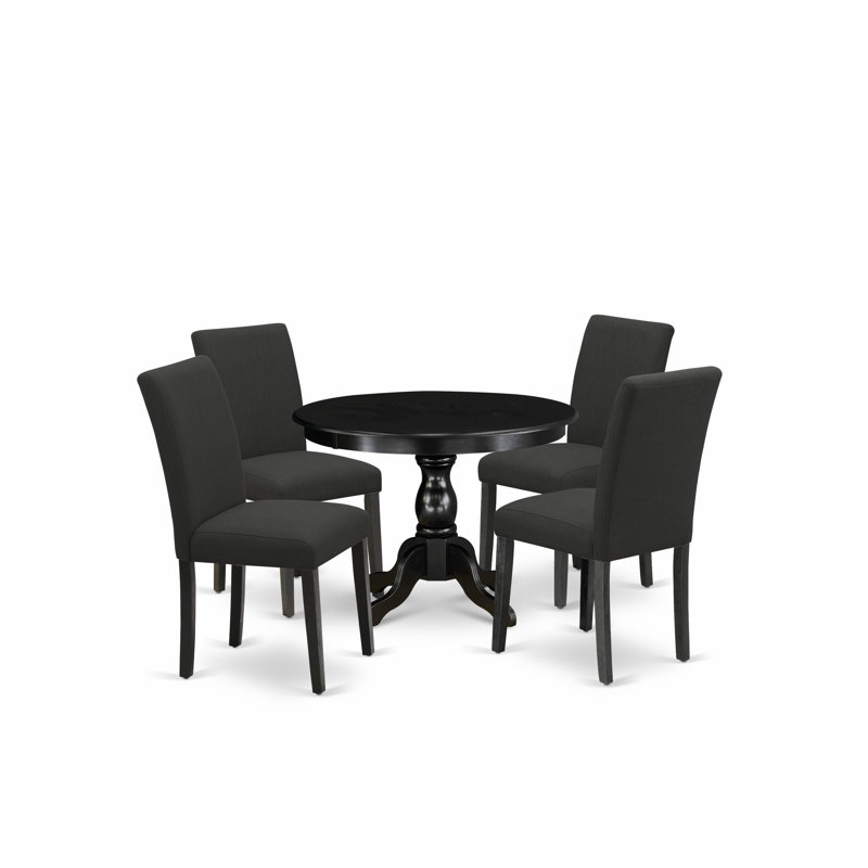 Ensemble de table à manger 5 pièces pour 4 personnes comprenant une table ronde avec piédestal et 4 chaises de salle à manger Parson en tissu noir, noir brossé