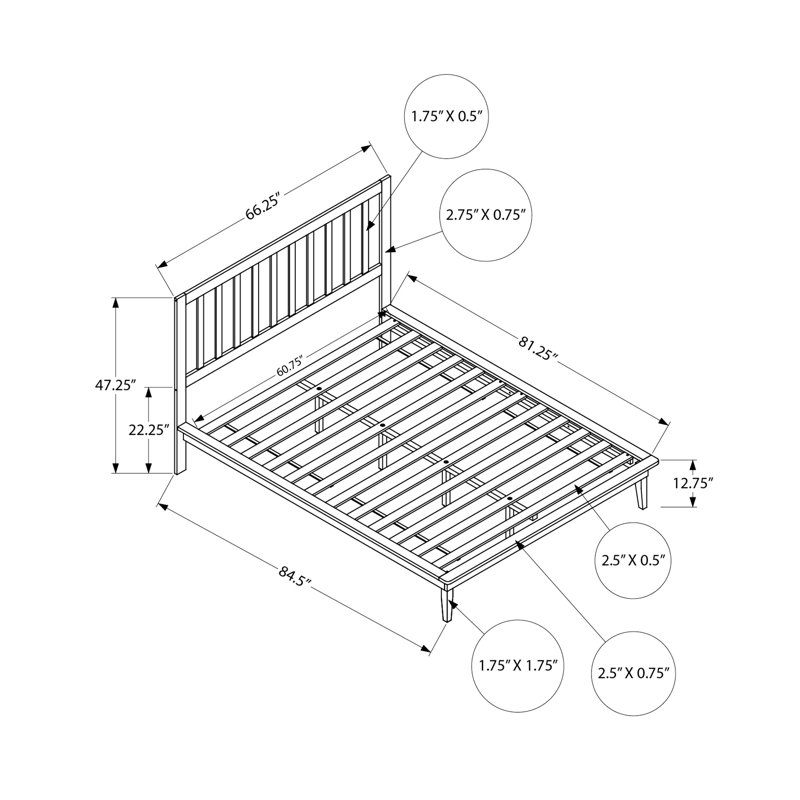Structure de lit plateforme grand format en bois noir, design contemporain, support à 12 lattes en bois, assemblage complet illustré, système de support à lattes de 48,14 po de hauteur, guide d'assemblage, charge de 600 lb,