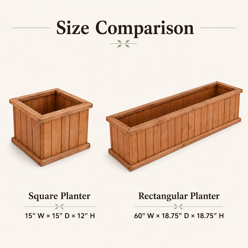 2-Piece Cedar Wood Outdoor Planter Box Set with Drainage, 15-Inch Square and 60-Inch Rectangular, Brown