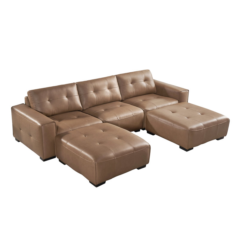 5 Piece Pu Leather Modular U-shape Couch With Two Ottomans, Brown Faux Leather