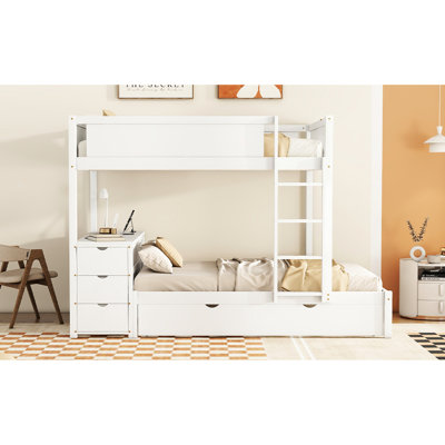 Lit superposé blanc avec lit gigogne simple, rangement de bureau pour l'organisation - Chambre d'adulte transformatrice peu encombrante