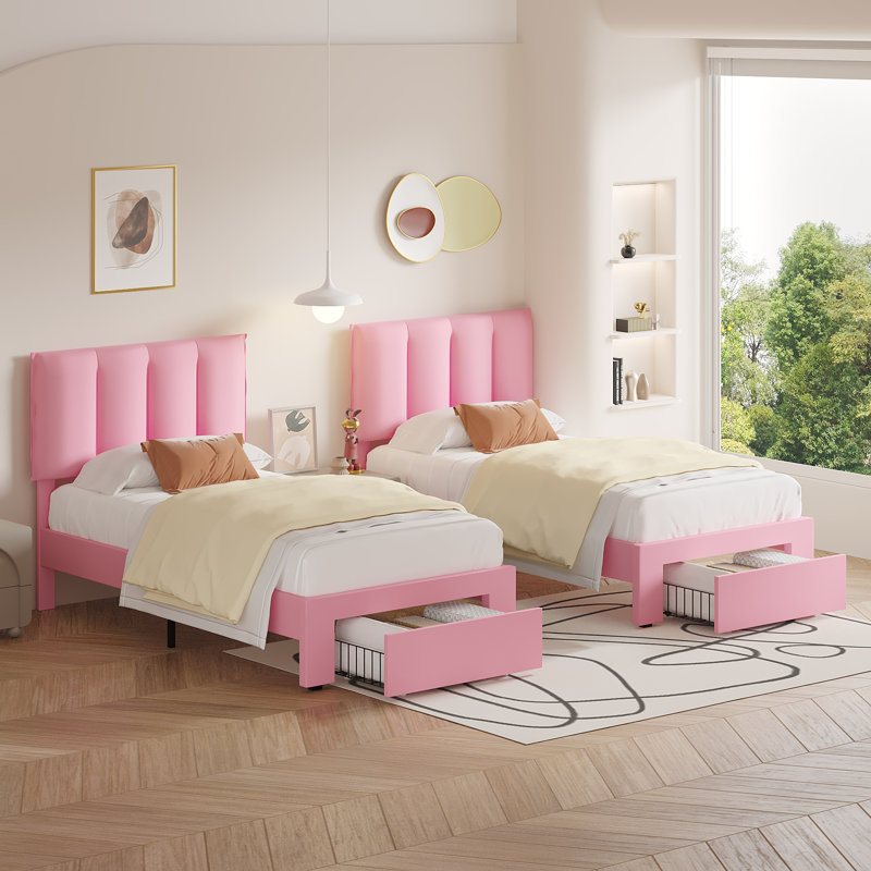 Ensemble de 2 lits plateforme Storgae avec lit plateforme tapissier en velours avec tête de lit ajustable et tiroirs de rangement