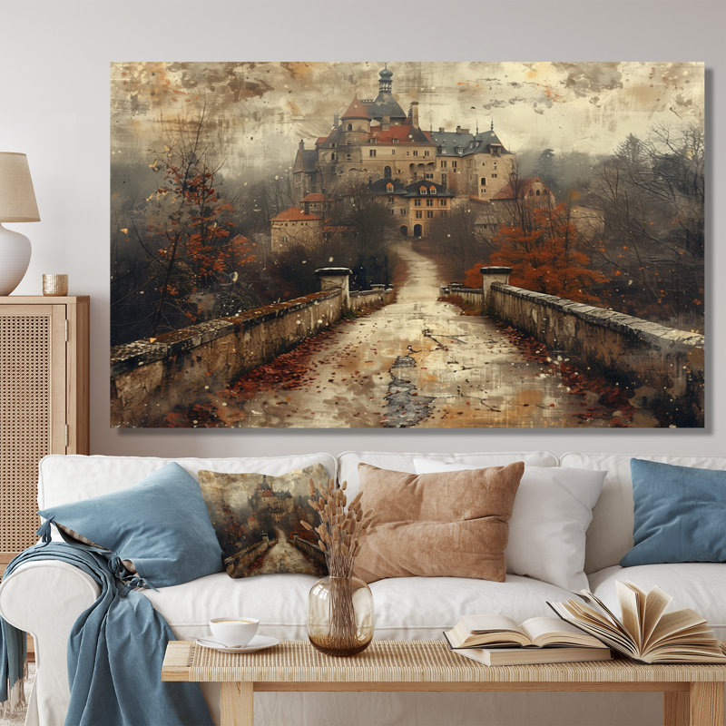  «Beige Orange Autumn Rustic Chateau In Europe I - Chateaus, art mural, White Picture Framed, 30" H x 40" W