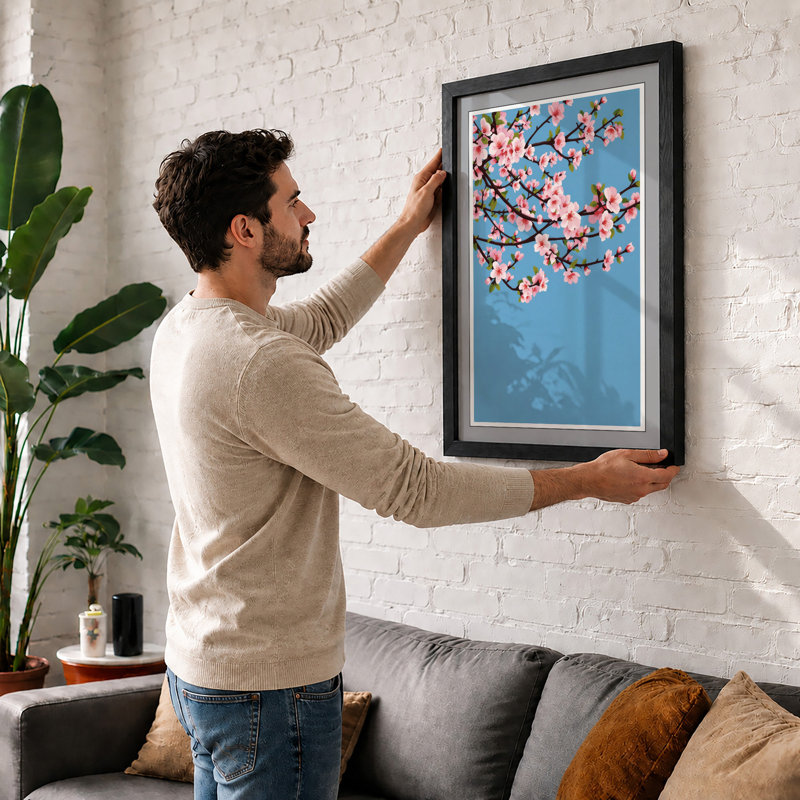 Moonlit Cherry Blossom Botanical - Framed Print, A1 - 84.1 x 59.4 cm, Black