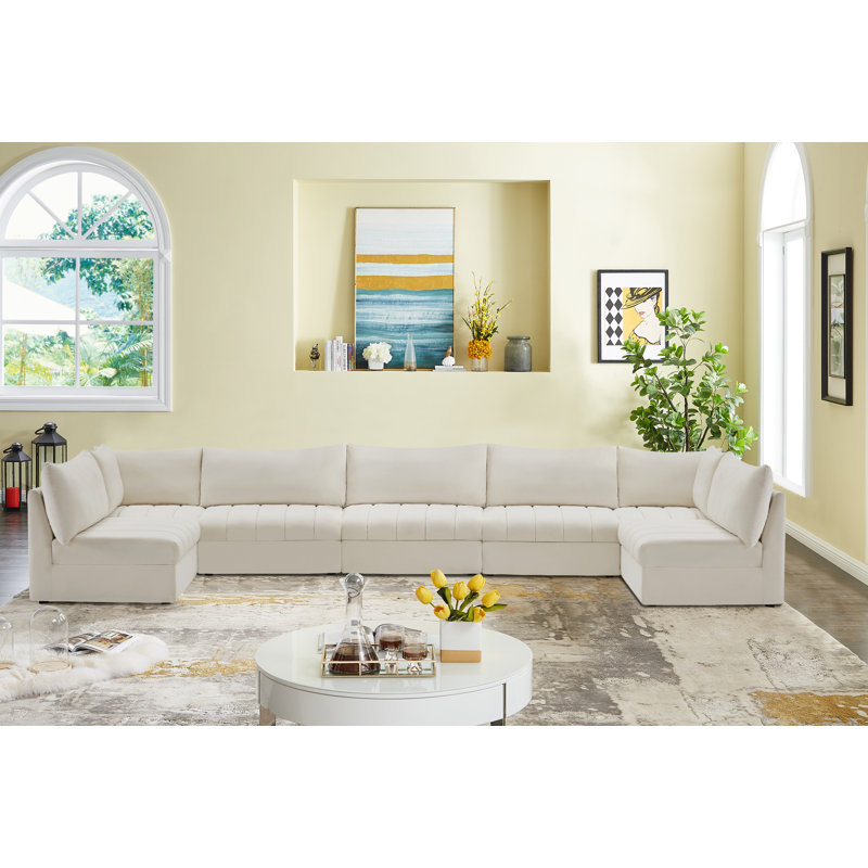 Ensoll 177" Wide Velvet Reversible Modular Corner Sectional, Cream Velvet