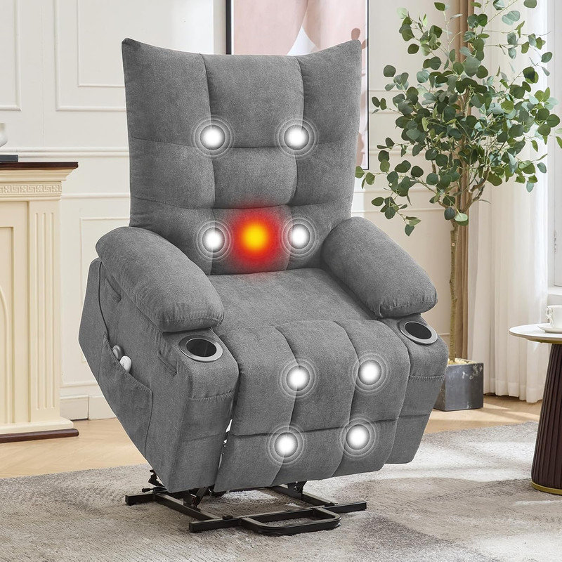 Power Lift Recliner Chair with Massage & Heat, Oversized Electric Recliner for Elderly, Side Pocket, Gray
