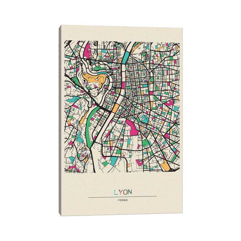 Lyon, France Map by Ayse Deniz Akerman - Wrapped Canvas Print, 20.32 cm H x 30.48 cm W