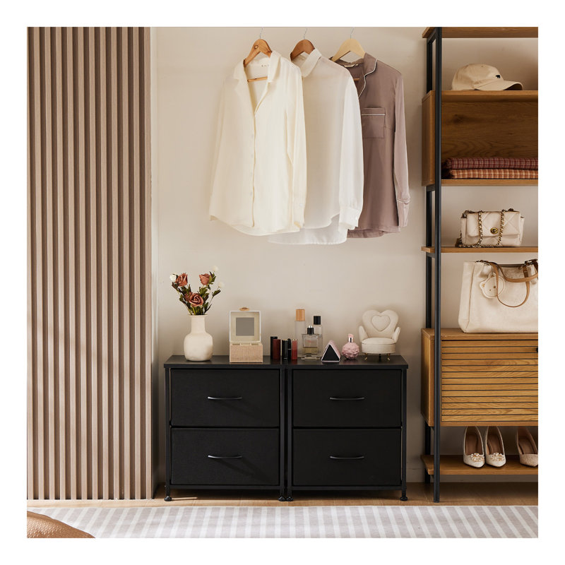 Commode à tiroirs, cadre en métal et plateau en bois, noir, deux paquets