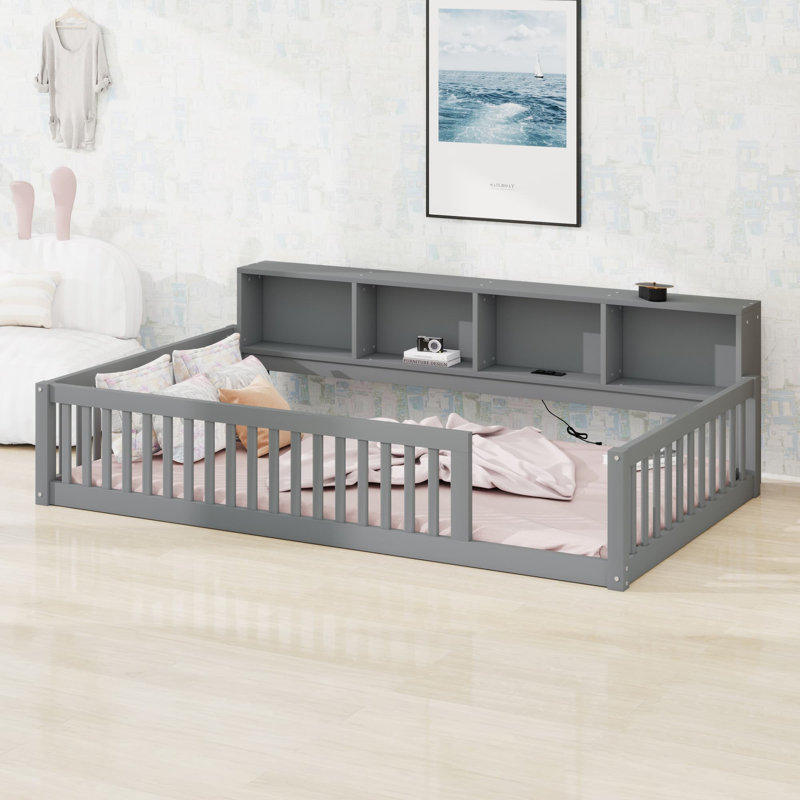 Lit au sol avec armoires de rangement et ports USB, Gris