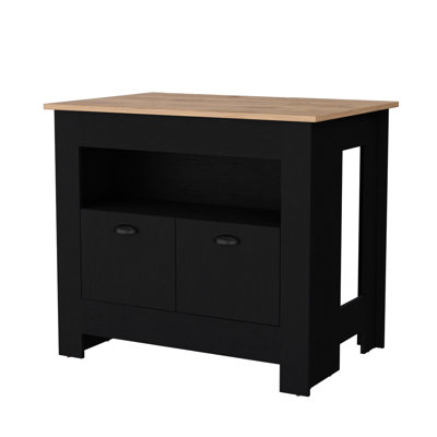 Îlot de cuisine noir avec rangement abondant - 3 tablettes pour ustensiles 2 portes et environnement organisé