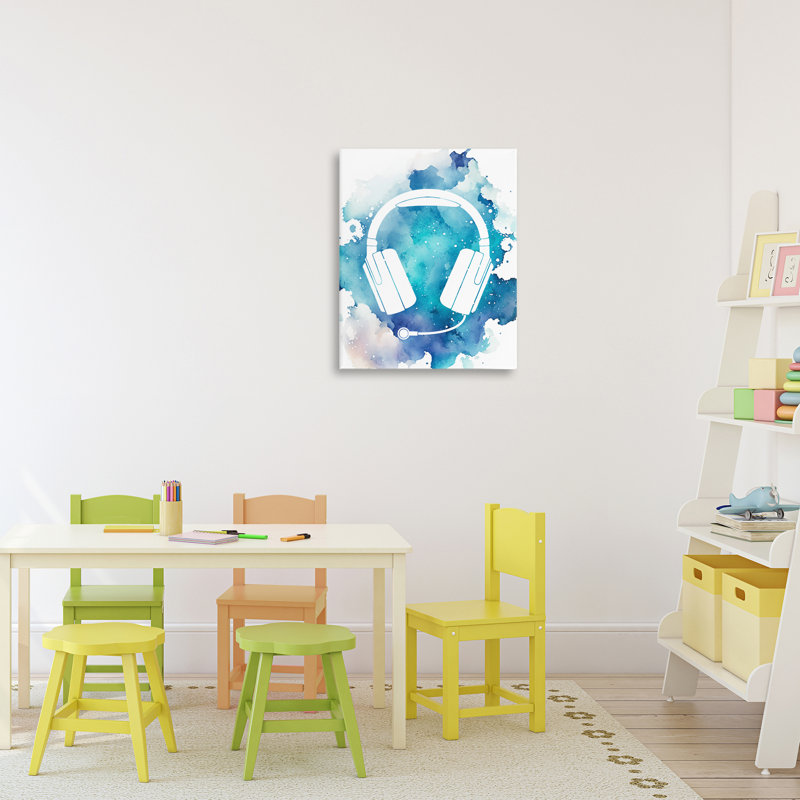 Toile bleue avec éclaboussures d'écouteurs, design par Marcus Prime, H 20 po x l 16 po