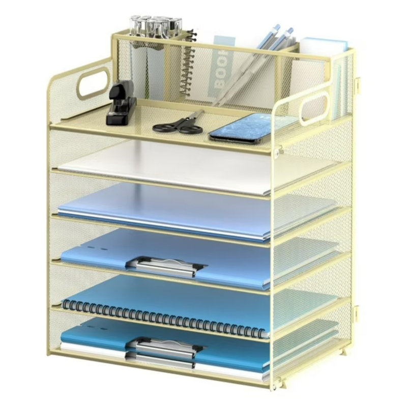 Classeur de bureau en métal à 6 niveaux avec poignée et porte-stylos, Noir
