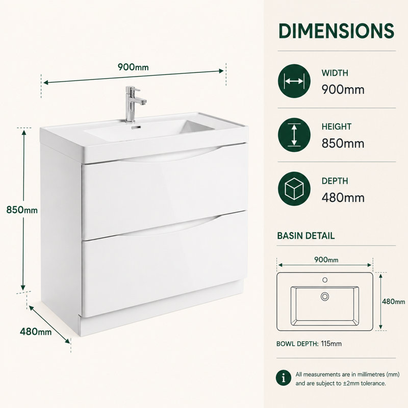 Stanhope 900mm Single Bathroom Vanity with Semi-Recessed Resin Basin, Gloss White