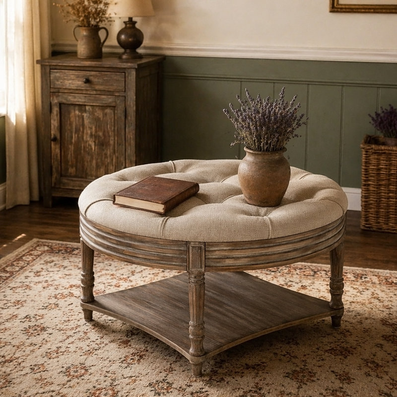 Round Tufted Upholstered Fabric Ottoman