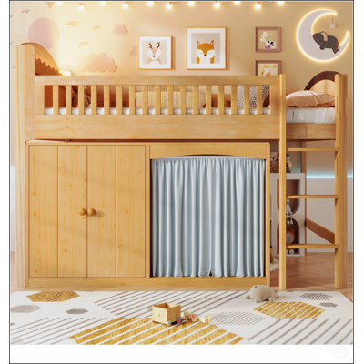 Lit mezzanine double avec rangement, armoire, éclairage DEL et finition espresso pour un espace de vie optimisé et organisé