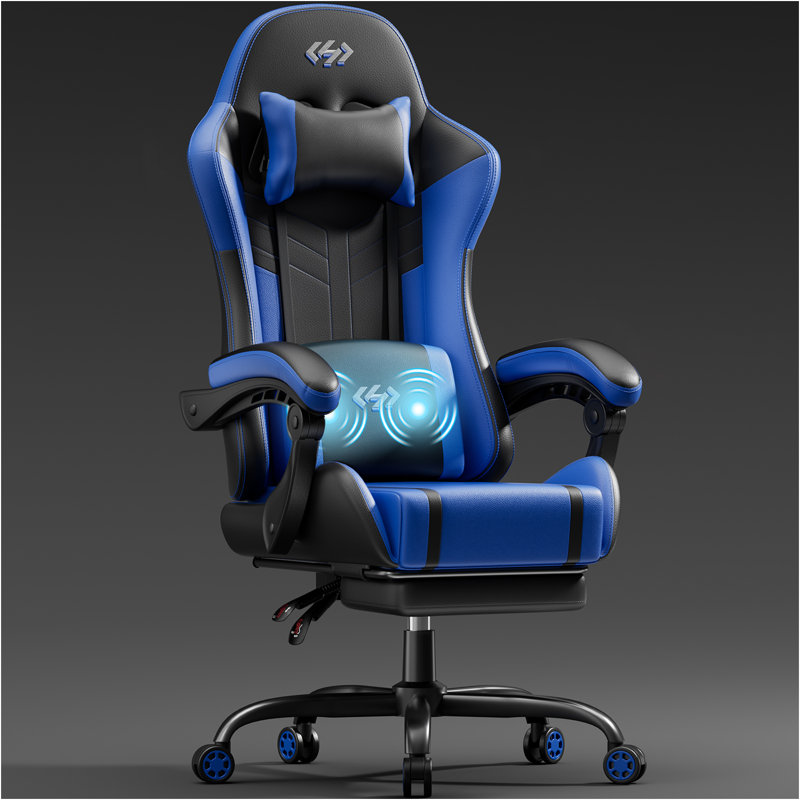 Metro Lane Adjustable Reclining Ergonomic Faux Leather Swiveling PC & Racing Game Chair with Footrest, Black/Blue