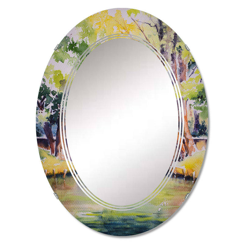 Bridge Over River In Green Park - Miroir mural traditionnel ovale, 36 po x 24 po