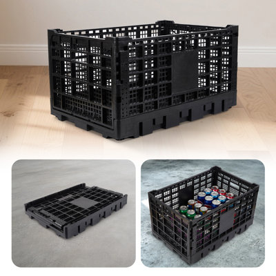 Collapsible Heavy Duty Plastic Storage Crate – 52L Large Capacity Organizer – Stackable, Space-Saving Bin – Supports Up to 130 lbs – Office, School, Camping – 5PCS Black