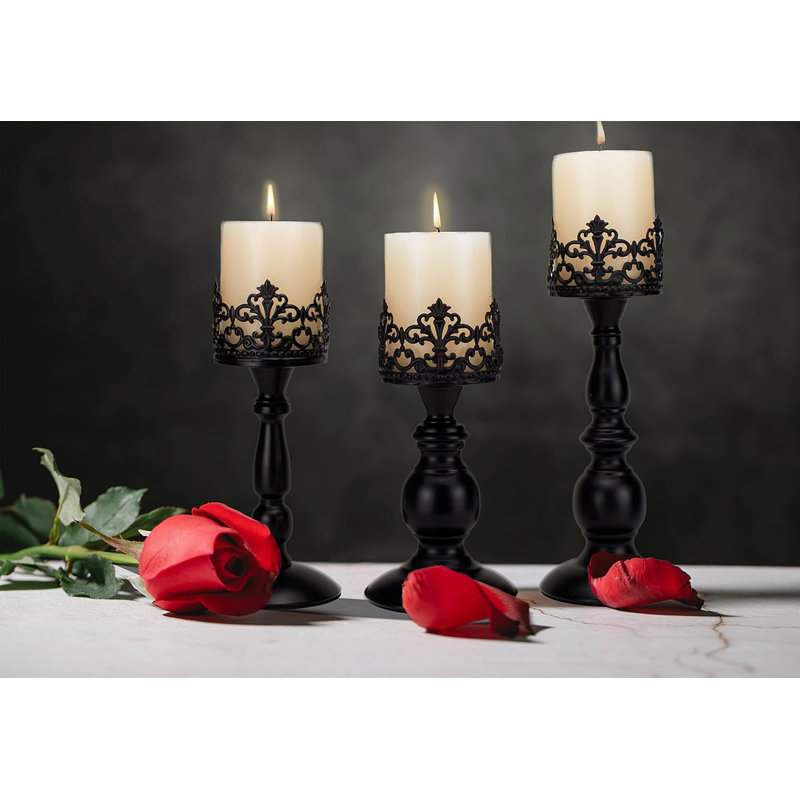 Vintage Pillar Candle Holders For Table Centerpiece Set Of 3-11'' 9'' 8'' - Matte Black Metal Candle Stands Decorative - Candle Centerpiece For Table Fireplace Decor - Gothic Candle Holder