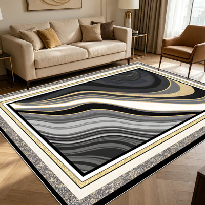 1PC Abstract Black Gold Grey Wavy Fluid Marble Style area rugs for Living Room, Soft and Comfortable, Suitable for all seasons, easy-to-maintain, machine washable Indoor floor mat, Under Table Farmhouse suitable for living room, dining room, bedroom,