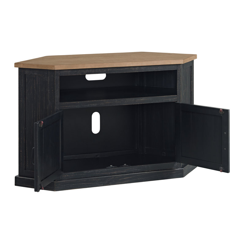 Kinsella 50" Solid Wood Corner TV Stand with Storage, Black/Driftwood Top