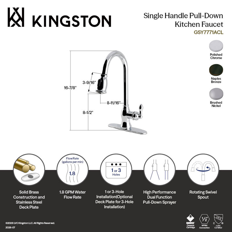 Kingston Brass American Classic Single-Handle Pull-Down Kitchen Faucet, Polished Chrome
