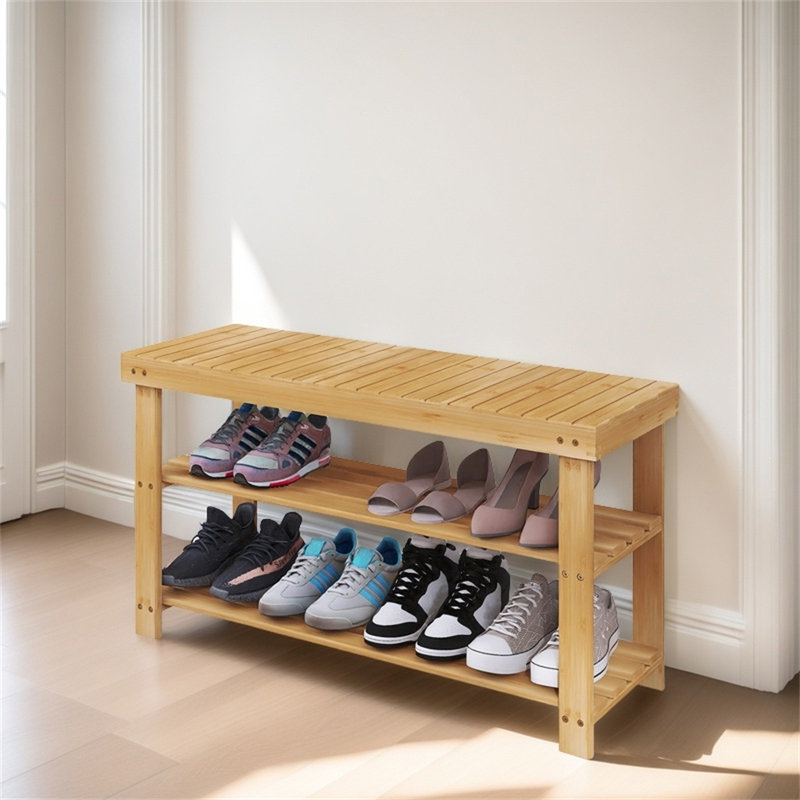 Bamboo Shoe Rack Bench, Three-Level Shoe Rack Storage Rack In The Entrance Corridor, Bathroom, And Living Room, Nature