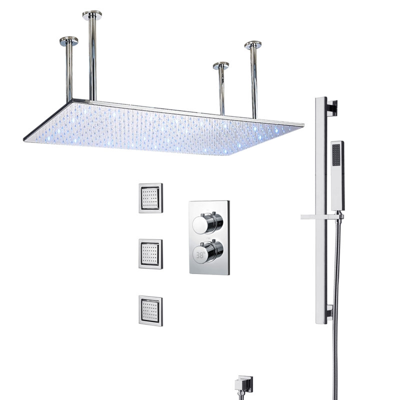 BathSelect Enna 20"x40" LED Chrome Digital Ceiling Mount Rainfall Shower System with Handheld Shower and 3 Body Jets