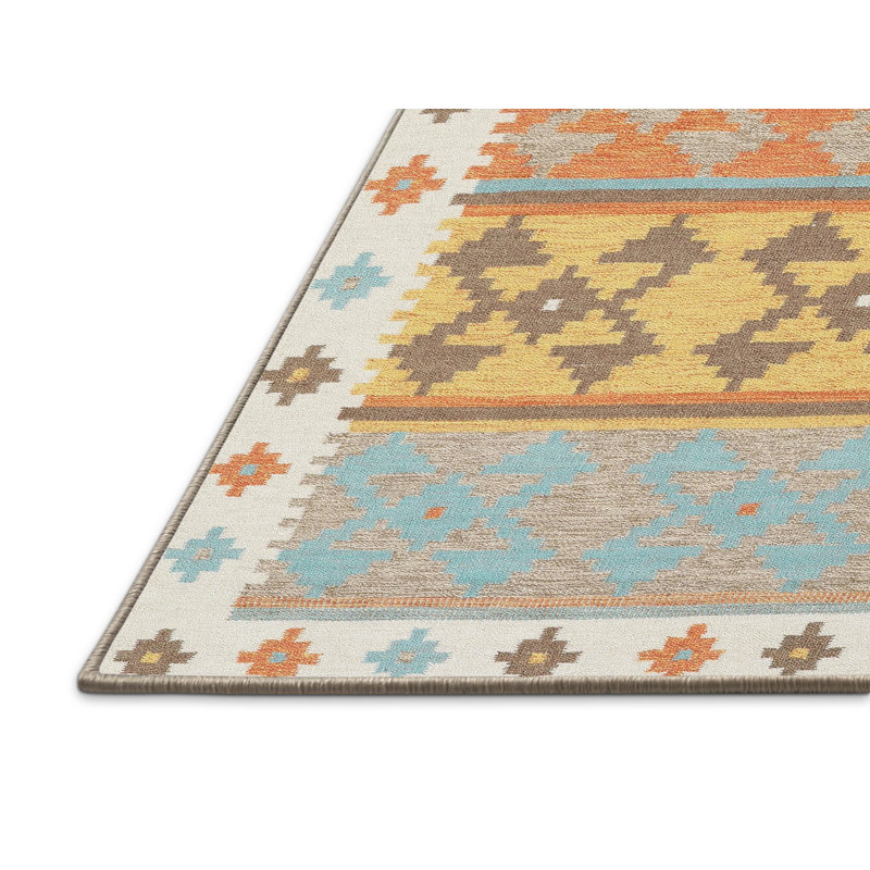 Tapis contemporain bleu ciel / jaune, Rectangle 5 pi x 7 pi